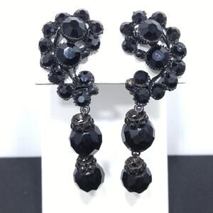 Vintage 1950s Japanned Black Crystal Rhinestone Drop Earrings
